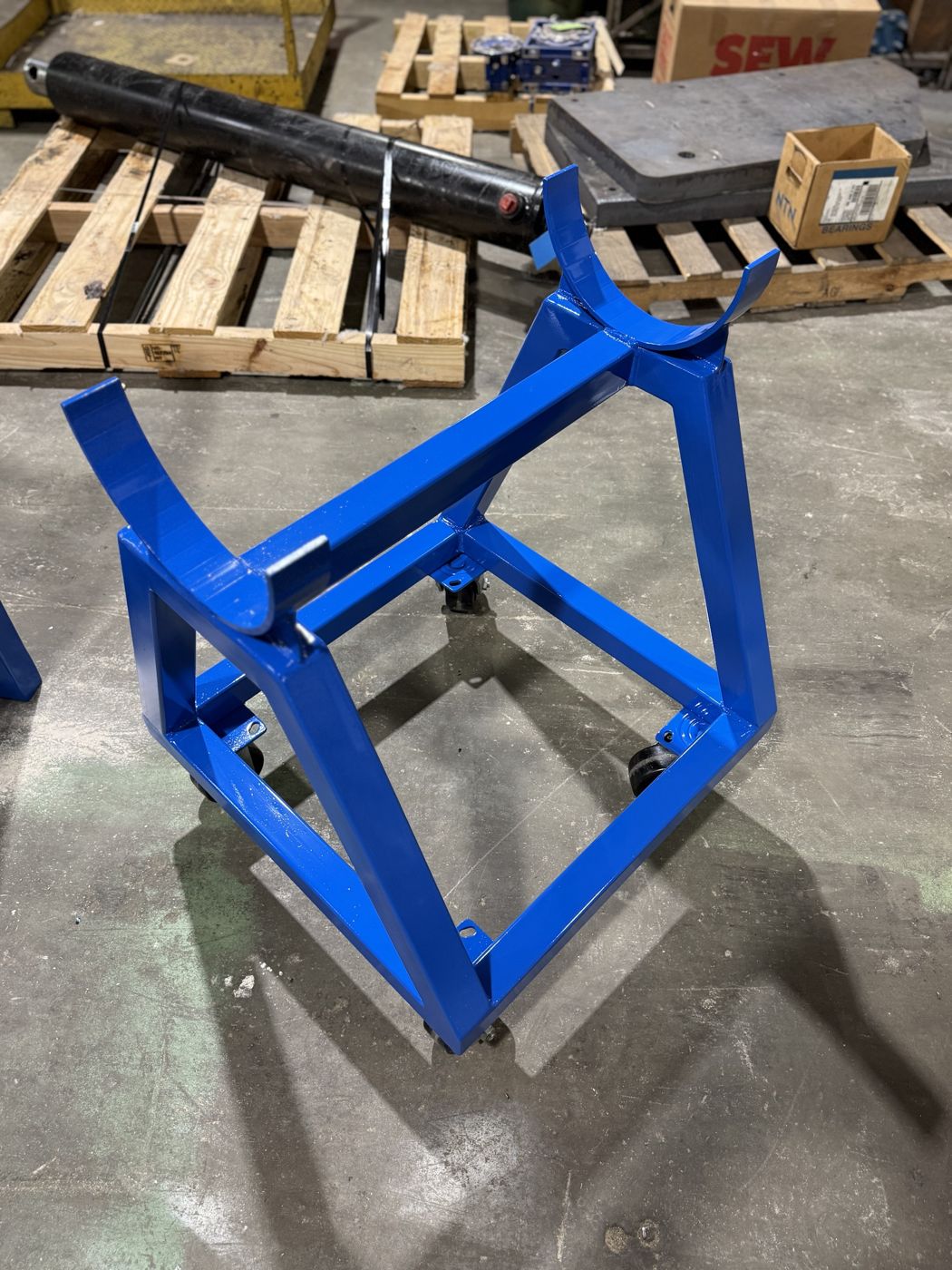The cradle cart finished in safety blue paint